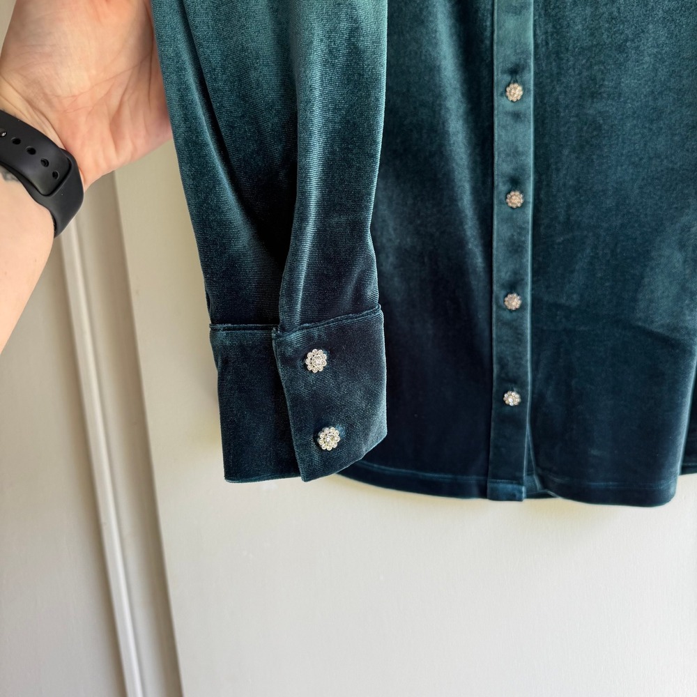 Boden Womens Velvet Button Down Shirt Dark Teal Green Rhinestone Buttons Size 8 - Picture 3 of 9